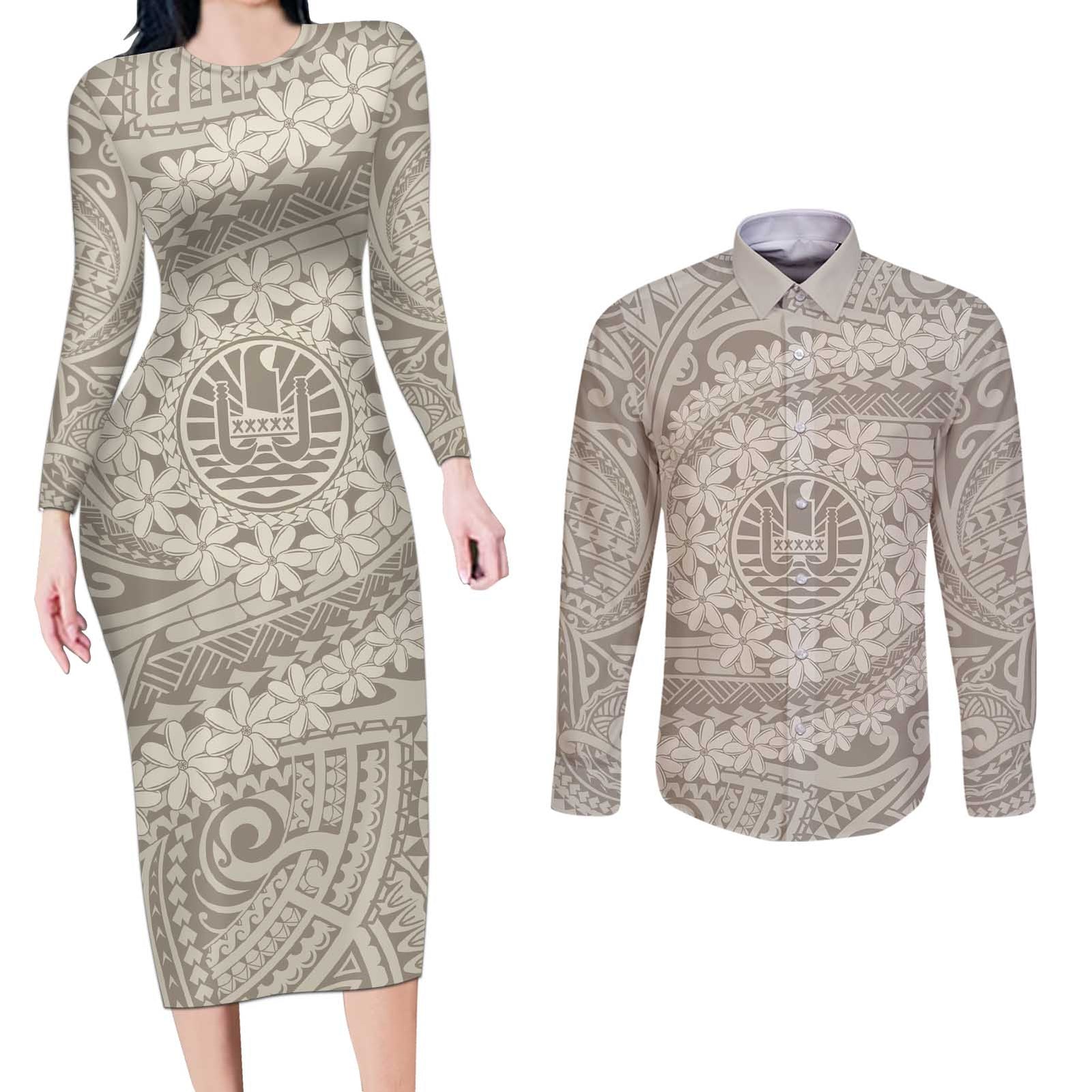 Tahitian Tiare Flower Couples Matching Long Sleeve Bodycon Dress and Long Sleeve Button Shirt Beige Polynesian Pattern LT9 Beige - Polynesian Pride
