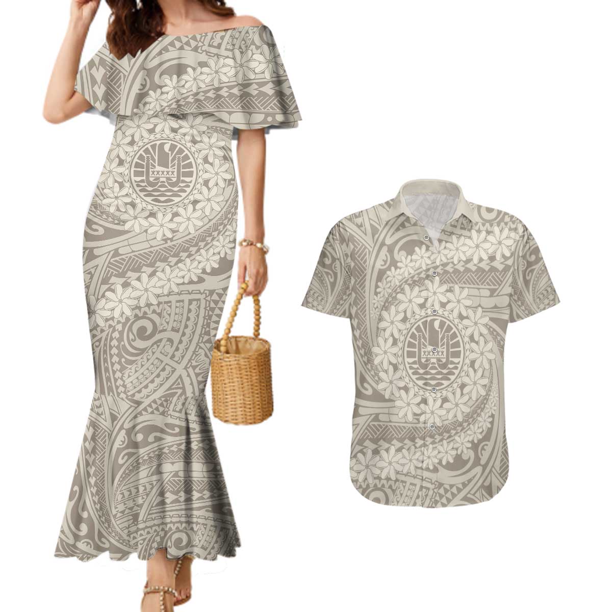 Tahitian Tiare Flower Couples Matching Mermaid Dress and Hawaiian Shirt Beige Polynesian Pattern LT9 Beige - Polynesian Pride