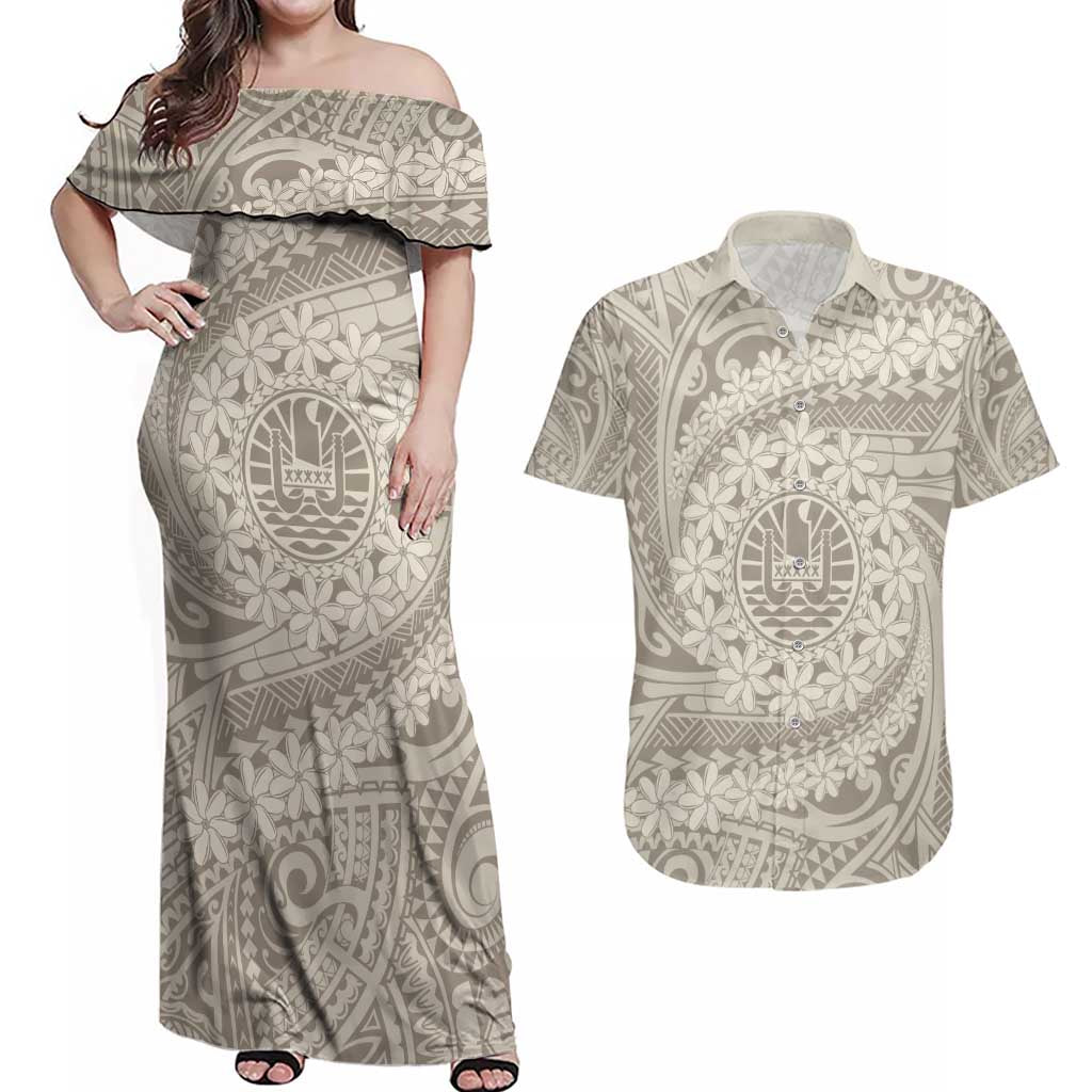 Tahitian Tiare Flower Couples Matching Off Shoulder Maxi Dress and Hawaiian Shirt Beige Polynesian Pattern LT9 Beige - Polynesian Pride