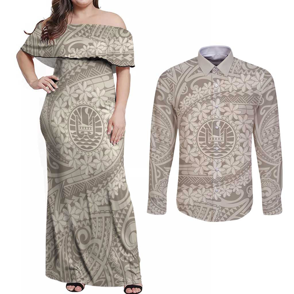 Tahitian Tiare Flower Couples Matching Off Shoulder Maxi Dress and Long Sleeve Button Shirt Beige Polynesian Pattern LT9 Beige - Polynesian Pride