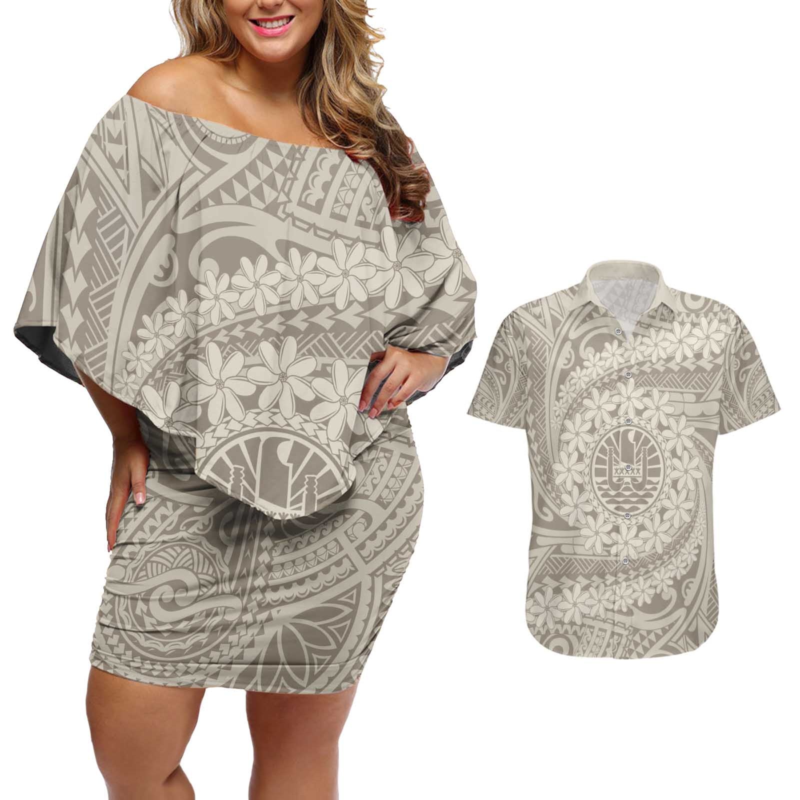 Tahitian Tiare Flower Couples Matching Off Shoulder Short Dress and Hawaiian Shirt Beige Polynesian Pattern LT9 Beige - Polynesian Pride