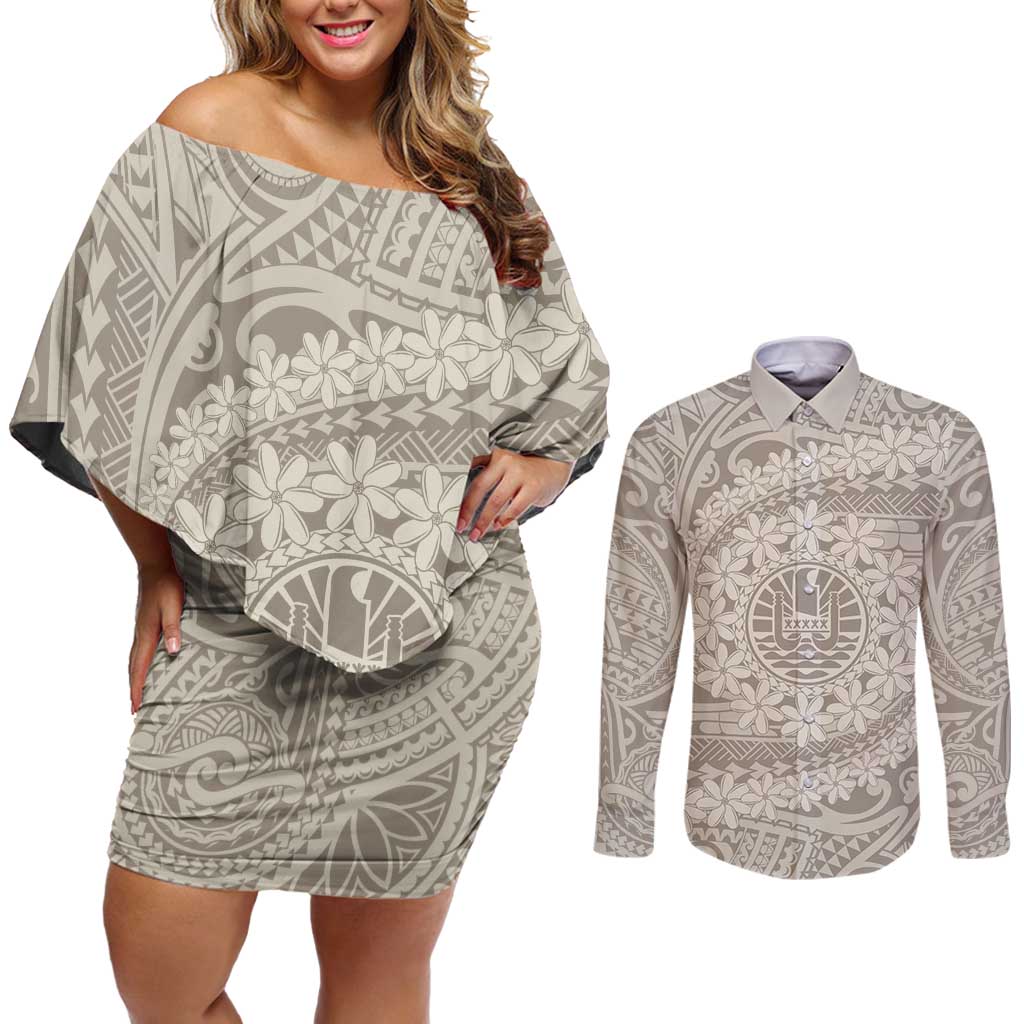 Tahitian Tiare Flower Couples Matching Off Shoulder Short Dress and Long Sleeve Button Shirt Beige Polynesian Pattern LT9 Beige - Polynesian Pride