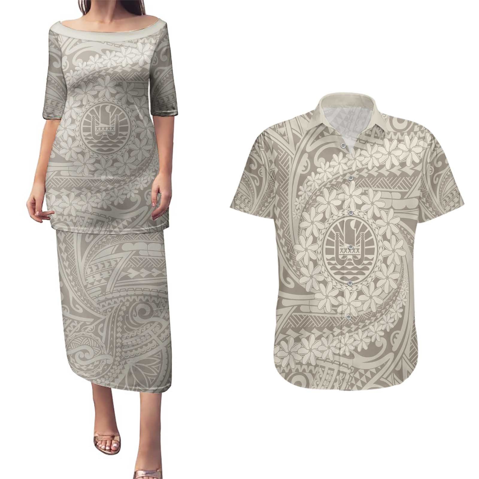 Tahitian Tiare Flower Couples Matching Puletasi and Hawaiian Shirt Beige Polynesian Pattern LT9 Beige - Polynesian Pride
