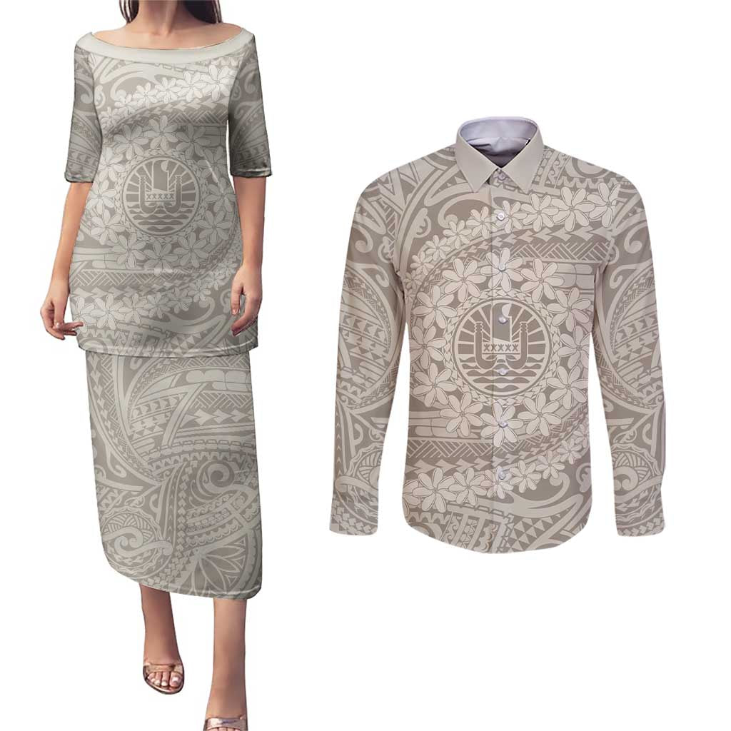 Tahitian Tiare Flower Couples Matching Puletasi and Long Sleeve Button Shirt Beige Polynesian Pattern LT9 Beige - Polynesian Pride