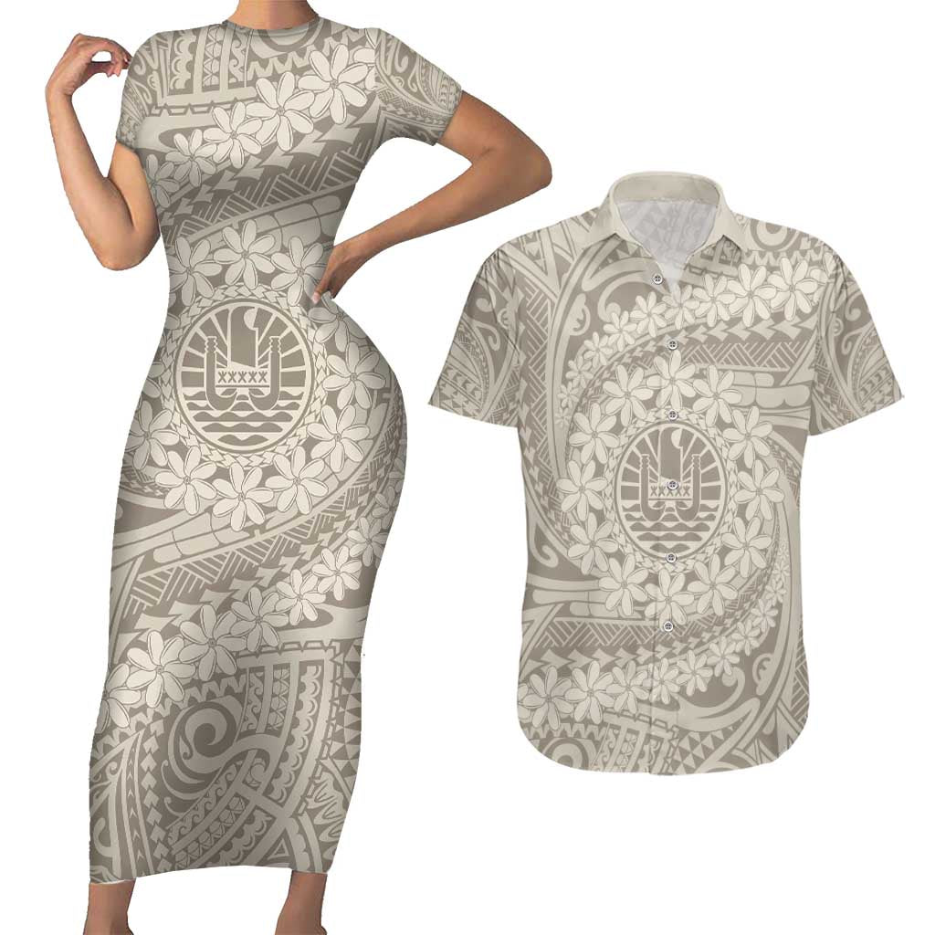 Tahitian Tiare Flower Couples Matching Short Sleeve Bodycon Dress and Hawaiian Shirt Beige Polynesian Pattern LT9 Beige - Polynesian Pride