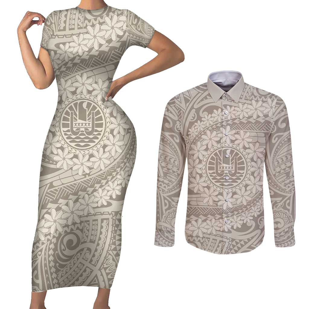 Tahitian Tiare Flower Couples Matching Short Sleeve Bodycon Dress and Long Sleeve Button Shirt Beige Polynesian Pattern LT9 Beige - Polynesian Pride