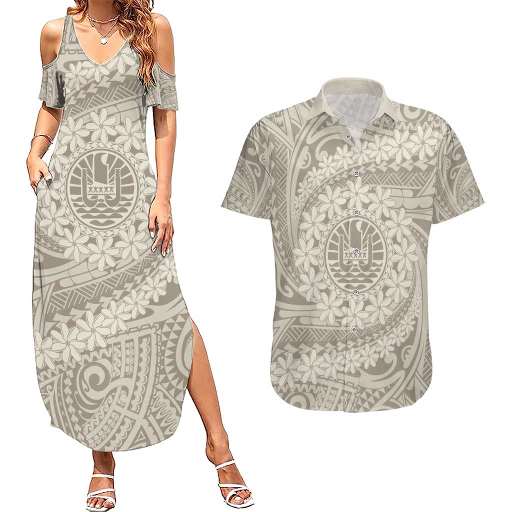 Tahitian Tiare Flower Couples Matching Summer Maxi Dress and Hawaiian Shirt Beige Polynesian Pattern LT9 Beige - Polynesian Pride