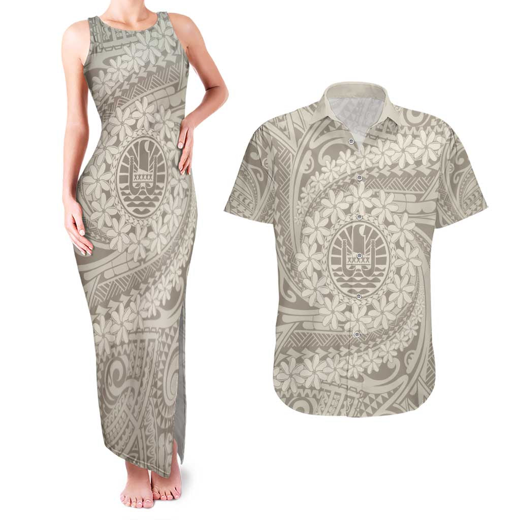Tahitian Tiare Flower Couples Matching Tank Maxi Dress and Hawaiian Shirt Beige Polynesian Pattern LT9 Beige - Polynesian Pride