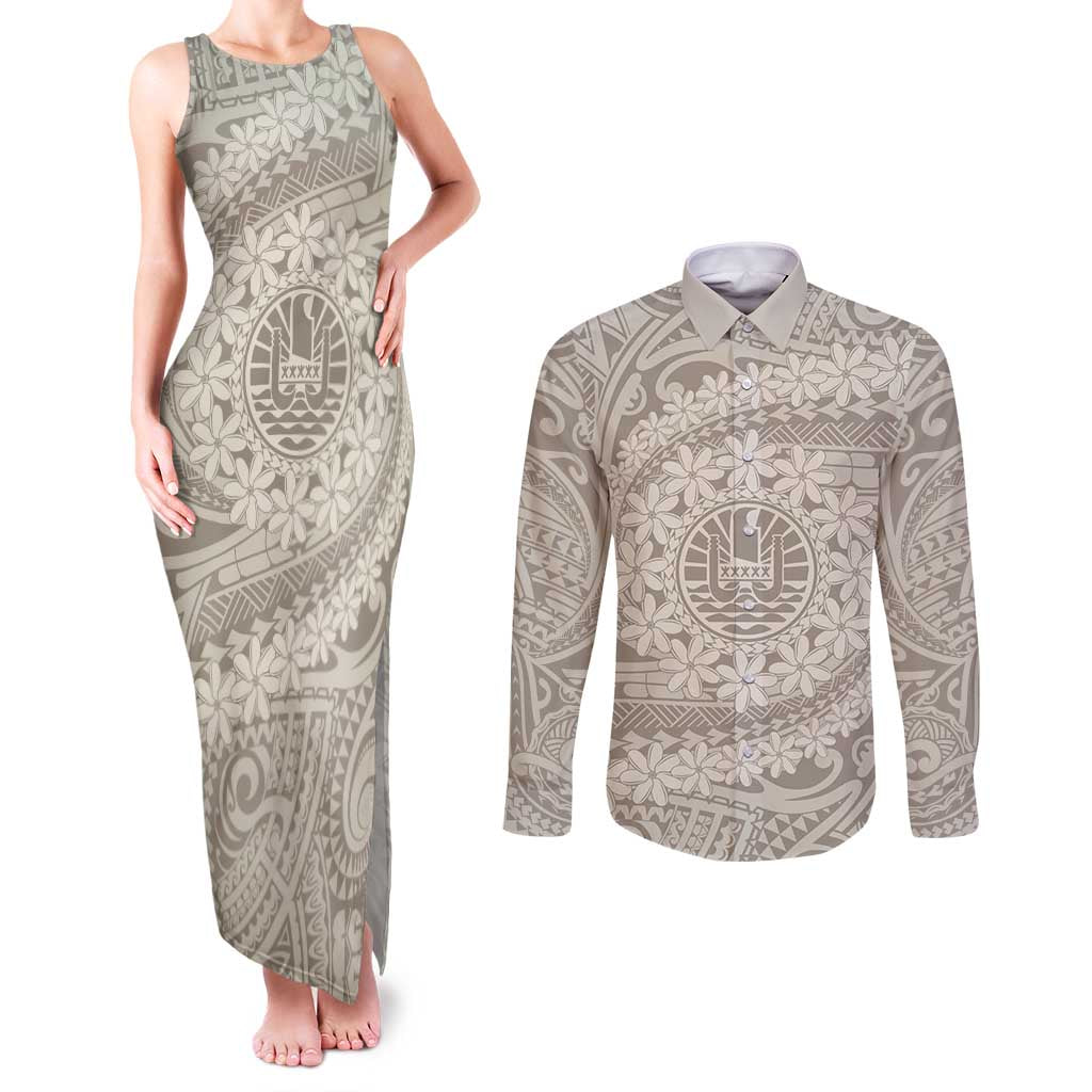 Tahitian Tiare Flower Couples Matching Tank Maxi Dress and Long Sleeve Button Shirt Beige Polynesian Pattern LT9 Beige - Polynesian Pride