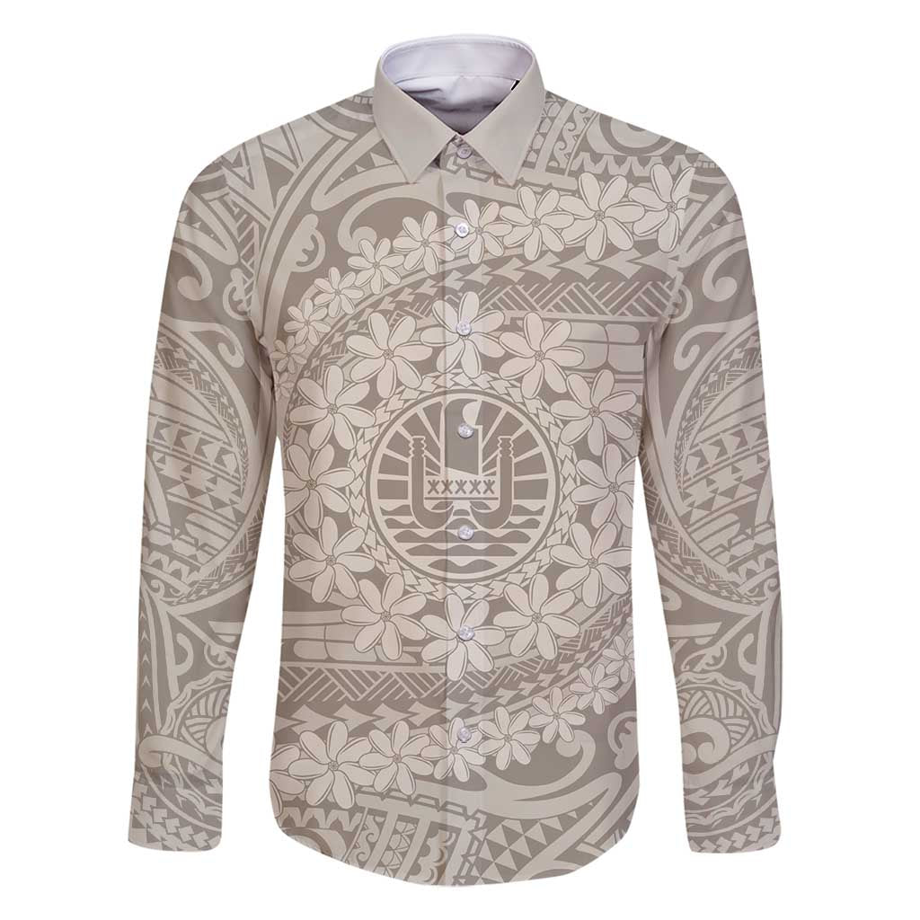 Tahitian Tiare Flower Family Matching Long Sleeve Bodycon Dress and Hawaiian Shirt Beige Polynesian Pattern