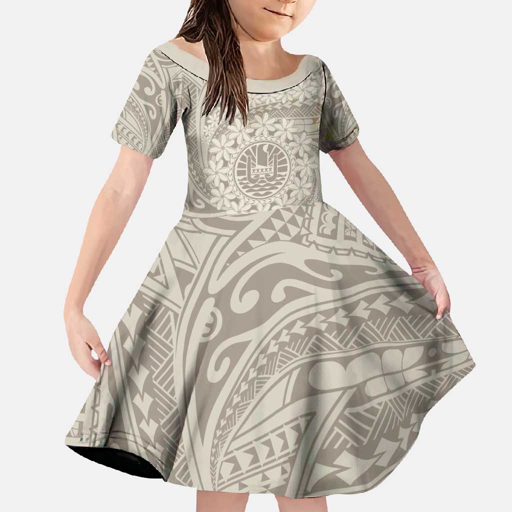 Tahitian Tiare Flower Family Matching Mermaid Dress and Hawaiian Shirt Beige Polynesian Pattern LT9 Daughter's Dress Beige - Polynesian Pride
