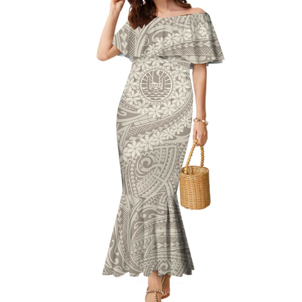 Tahitian Tiare Flower Family Matching Mermaid Dress and Hawaiian Shirt Beige Polynesian Pattern LT9 Mom's Dress Beige - Polynesian Pride