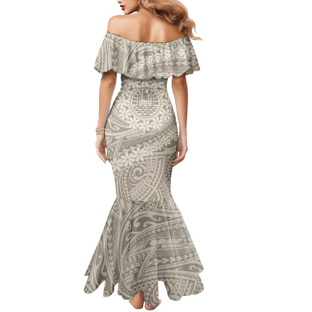 Tahitian Tiare Flower Family Matching Mermaid Dress and Hawaiian Shirt Beige Polynesian Pattern LT9 - Polynesian Pride