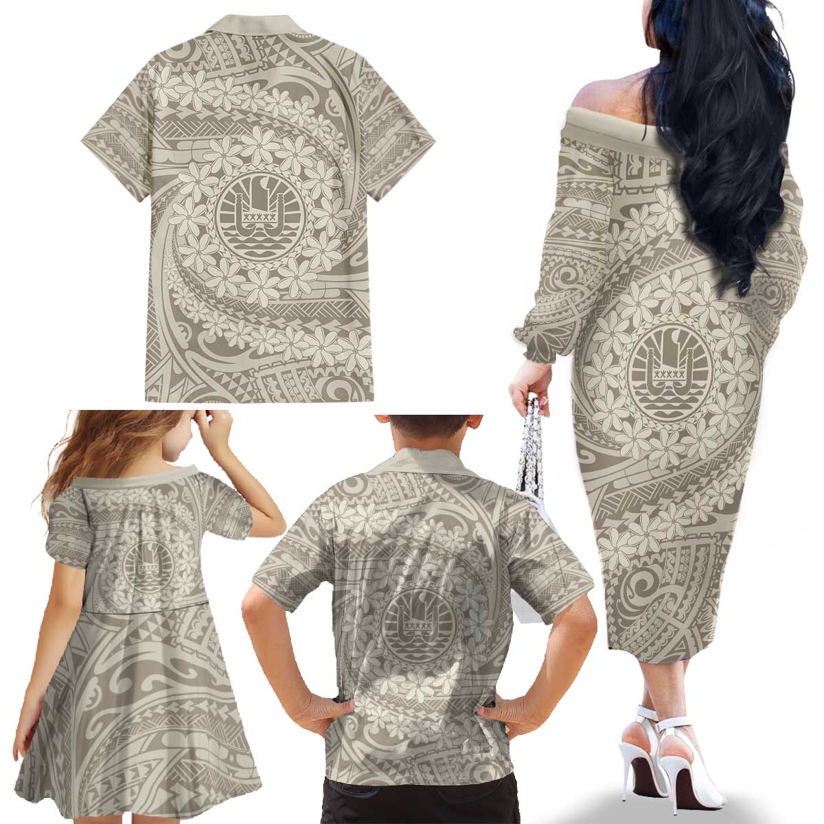 Tahitian Tiare Flower Family Matching Off The Shoulder Long Sleeve Dress and Hawaiian Shirt Beige Polynesian Pattern