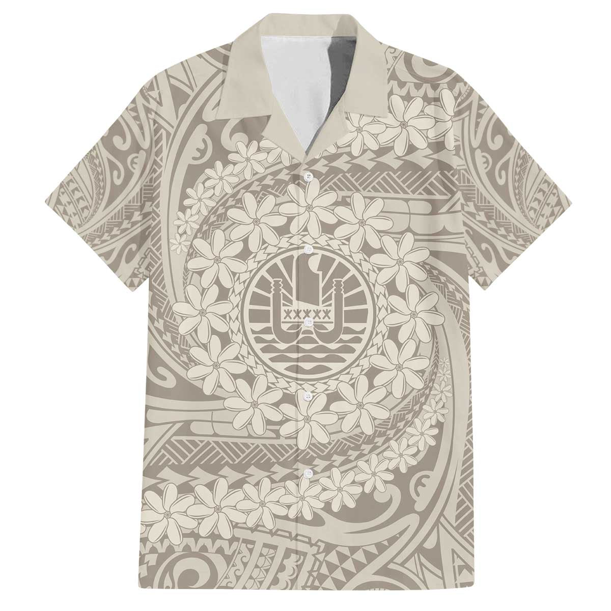 Tahitian Tiare Flower Family Matching Off The Shoulder Long Sleeve Dress and Hawaiian Shirt Beige Polynesian Pattern