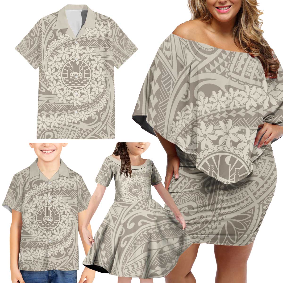 Tahitian Tiare Flower Family Matching Off Shoulder Short Dress and Hawaiian Shirt Beige Polynesian Pattern LT9 - Polynesian Pride