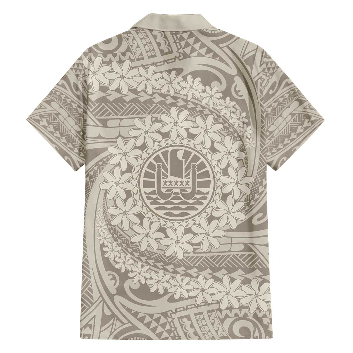 Tahitian Tiare Flower Family Matching Off Shoulder Short Dress and Hawaiian Shirt Beige Polynesian Pattern