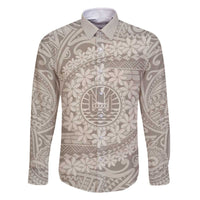 Tahitian Tiare Flower Family Matching Off Shoulder Short Dress and Hawaiian Shirt Beige Polynesian Pattern