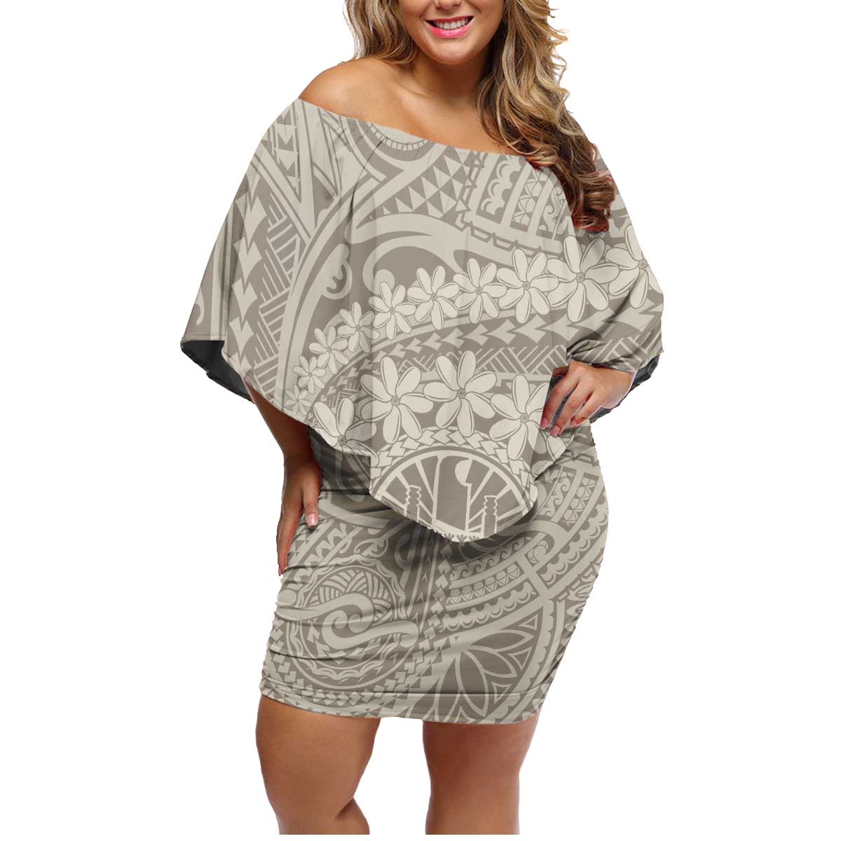 Tahitian Tiare Flower Family Matching Off Shoulder Short Dress and Hawaiian Shirt Beige Polynesian Pattern