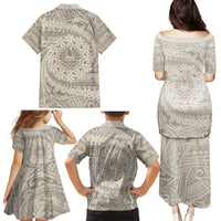 Tahitian Tiare Flower Family Matching Puletasi and Hawaiian Shirt Beige Polynesian Pattern