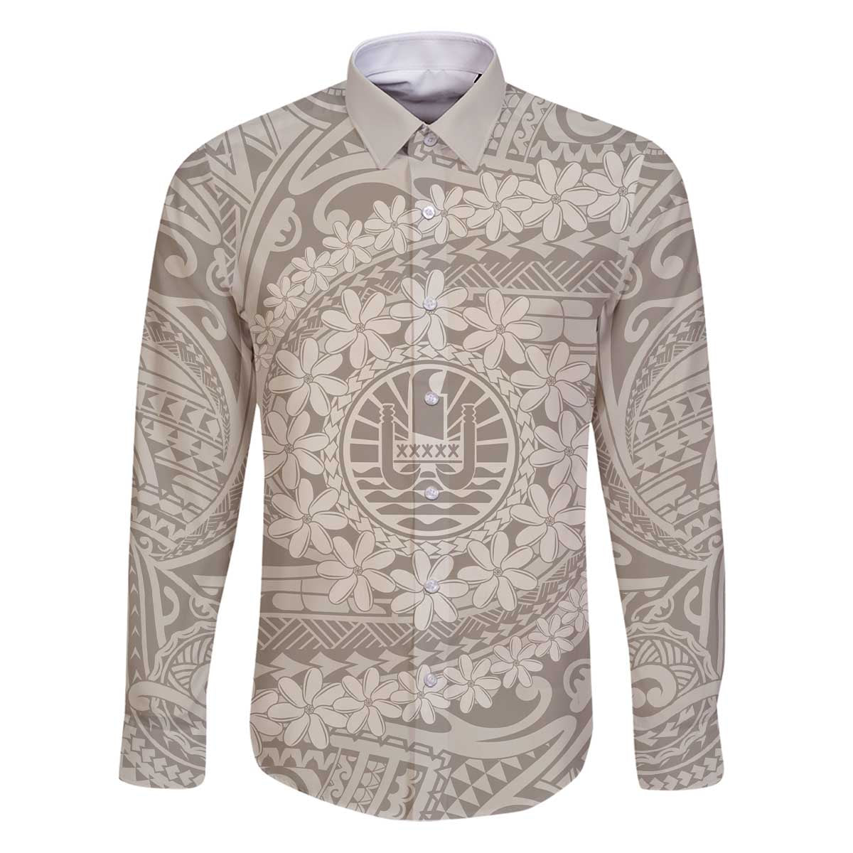 Tahitian Tiare Flower Family Matching Puletasi and Hawaiian Shirt Beige Polynesian Pattern