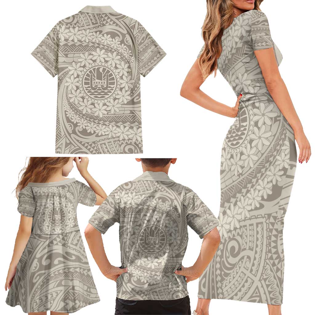 Tahitian Tiare Flower Family Matching Short Sleeve Bodycon Dress and Hawaiian Shirt Beige Polynesian Pattern
