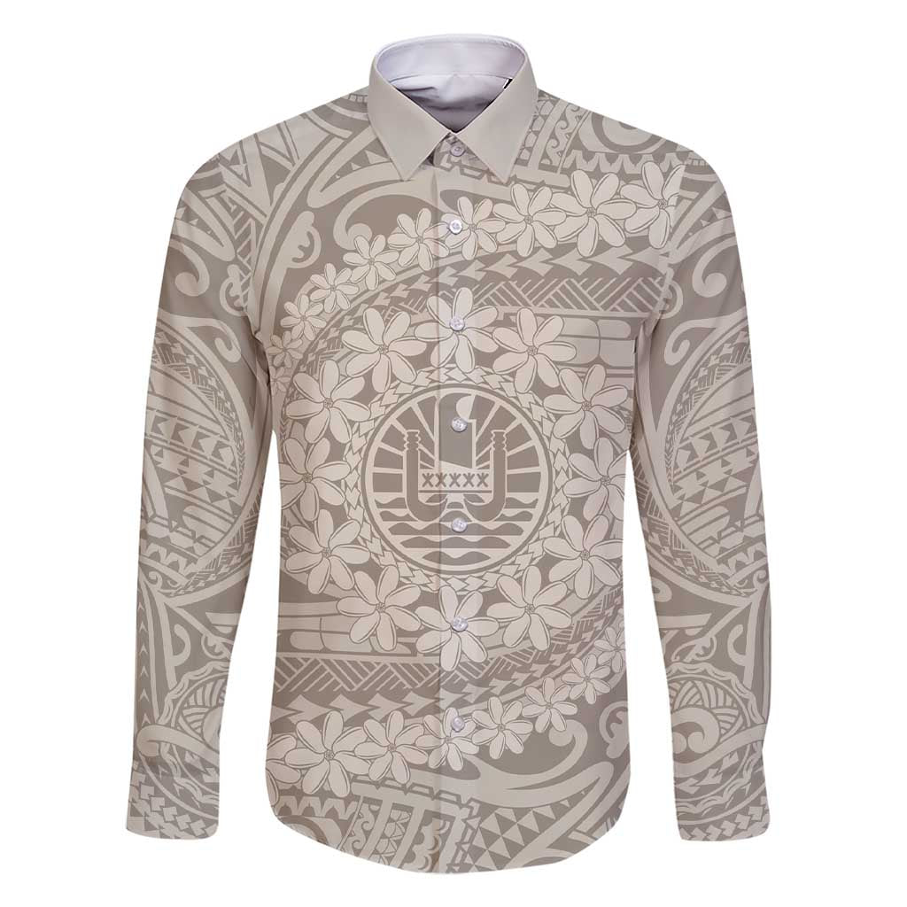 Tahitian Tiare Flower Family Matching Short Sleeve Bodycon Dress and Hawaiian Shirt Beige Polynesian Pattern