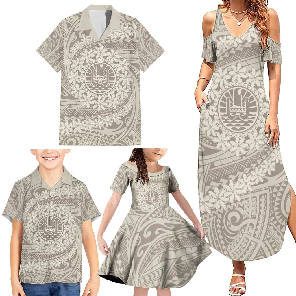 Tahitian Tiare Flower Family Matching Summer Maxi Dress and Hawaiian Shirt Beige Polynesian Pattern LT9 - Polynesian Pride