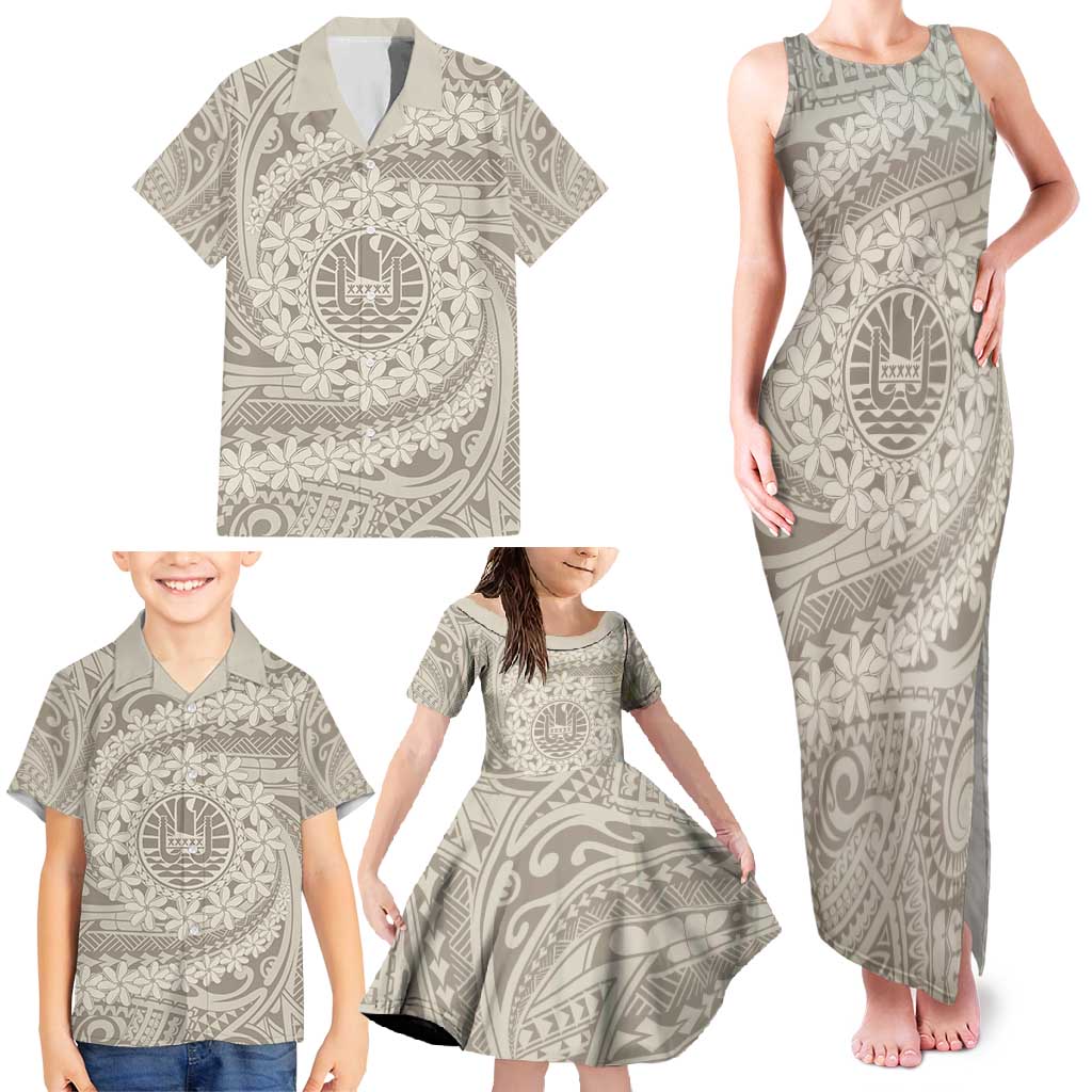 Tahitian Tiare Flower Family Matching Tank Maxi Dress and Hawaiian Shirt Beige Polynesian Pattern LT9 - Polynesian Pride