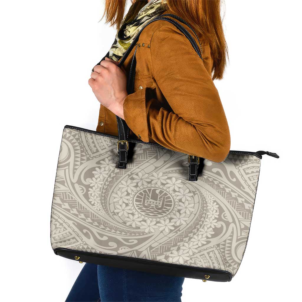 Tahitian Tiare Flower Leather Tote Bag Beige Polynesian Pattern LT9 Beige - Polynesian Pride