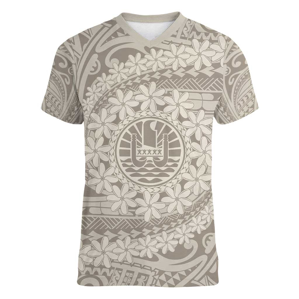 Tahitian Tiare Flower Women V-Neck T-Shirt Beige Polynesian Pattern LT9 Female Beige - Polynesian Pride