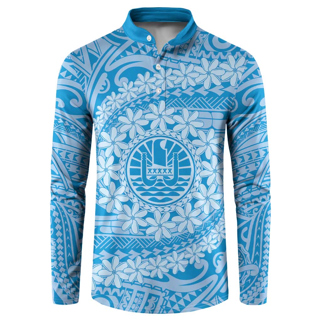 Tahitian Tiare Flower Button Sweatshirt Blue Polynesian Pattern LT9 Blue - Polynesian Pride