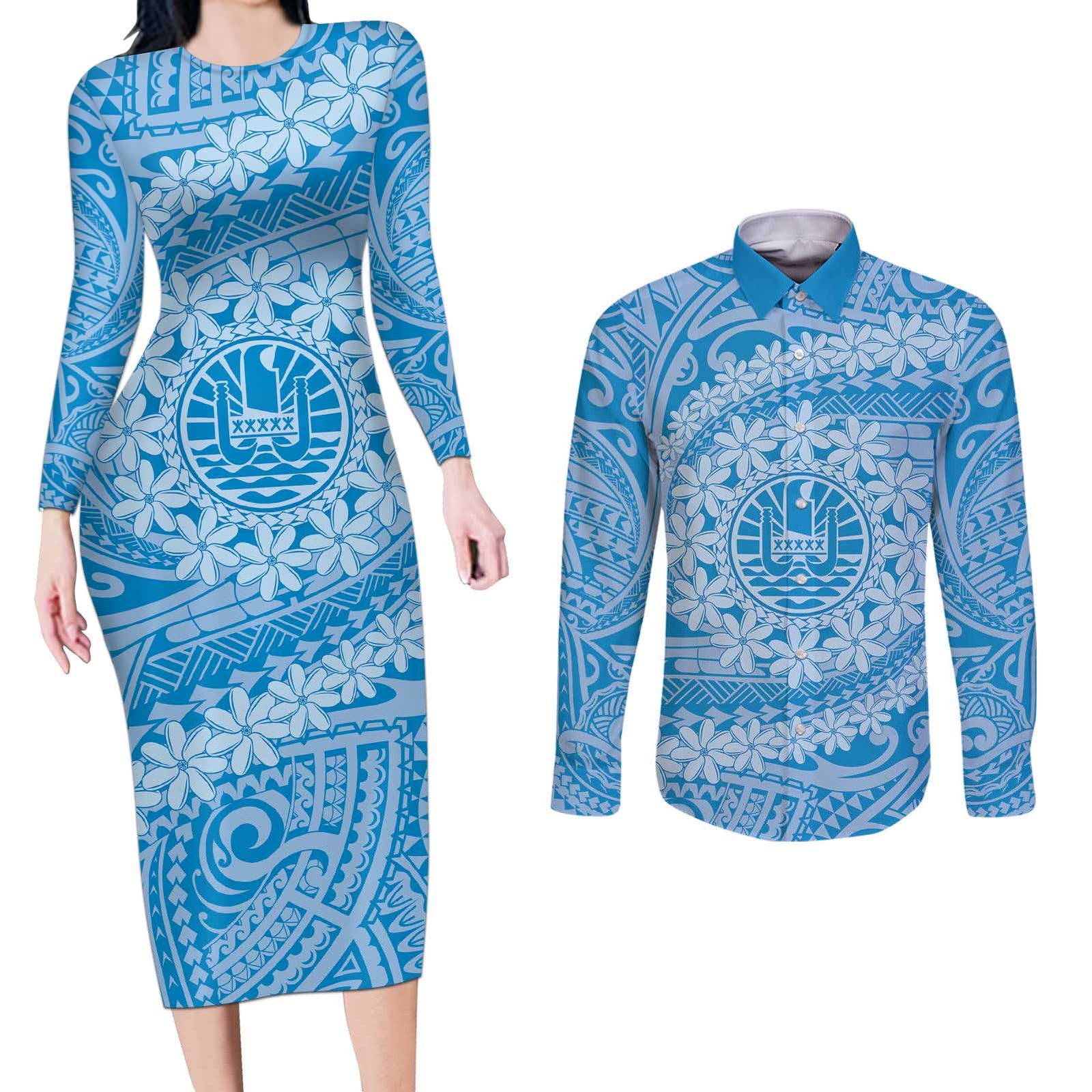 Tahitian Tiare Flower Couples Matching Long Sleeve Bodycon Dress and Long Sleeve Button Shirt Blue Polynesian Pattern LT9 Blue - Polynesian Pride