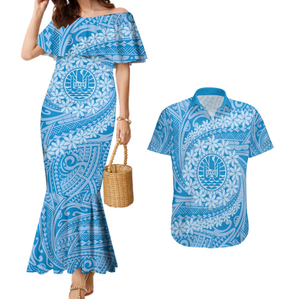 Tahitian Tiare Flower Couples Matching Mermaid Dress and Hawaiian Shirt Blue Polynesian Pattern LT9 Blue - Polynesian Pride
