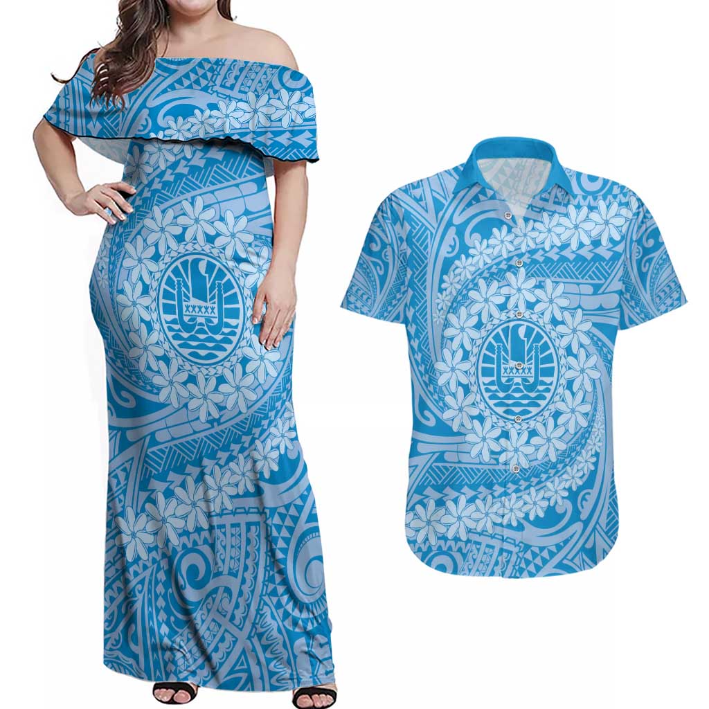 Tahitian Tiare Flower Couples Matching Off Shoulder Maxi Dress and Hawaiian Shirt Blue Polynesian Pattern LT9 Blue - Polynesian Pride