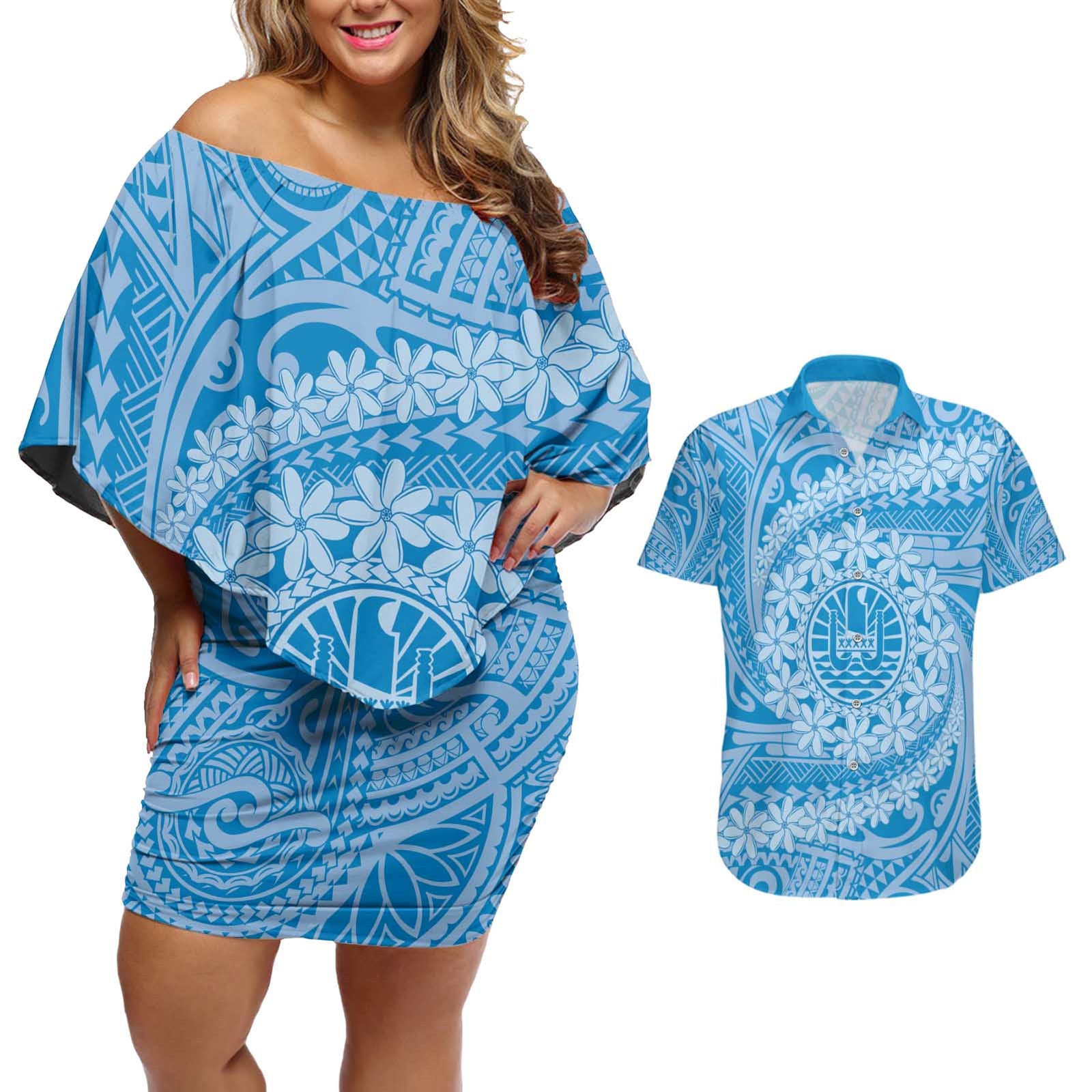 Tahitian Tiare Flower Couples Matching Off Shoulder Short Dress and Hawaiian Shirt Blue Polynesian Pattern LT9 Blue - Polynesian Pride