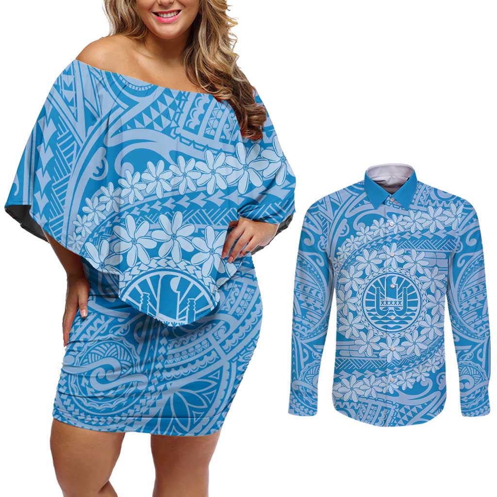 Tahitian Tiare Flower Couples Matching Off Shoulder Short Dress and Long Sleeve Button Shirt Blue Polynesian Pattern LT9 Blue - Polynesian Pride