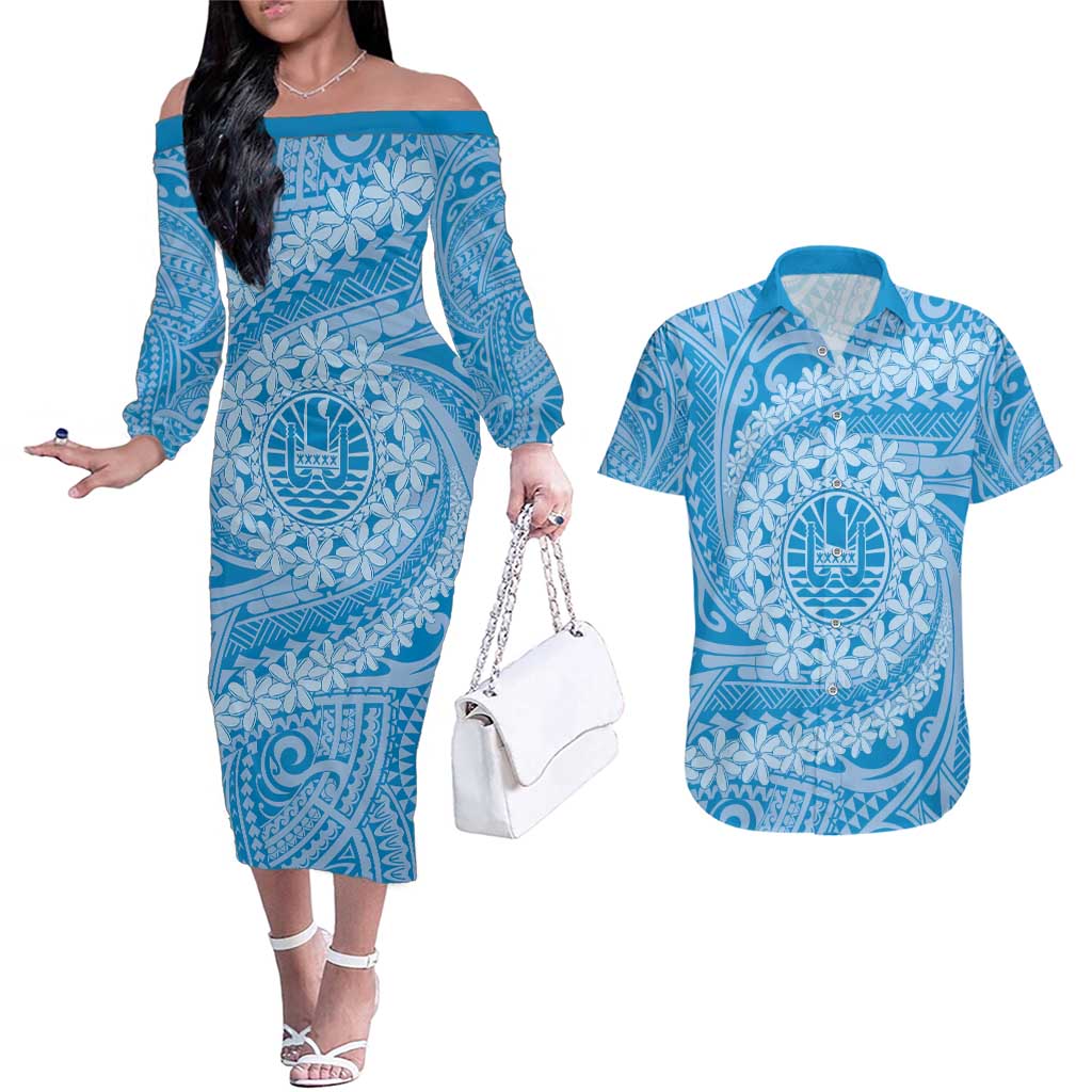 Tahitian Tiare Flower Couples Matching Off The Shoulder Long Sleeve Dress and Hawaiian Shirt Blue Polynesian Pattern LT9 Blue - Polynesian Pride