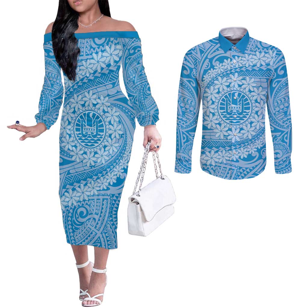 Tahitian Tiare Flower Couples Matching Off The Shoulder Long Sleeve Dress and Long Sleeve Button Shirt Blue Polynesian Pattern LT9 Blue - Polynesian Pride