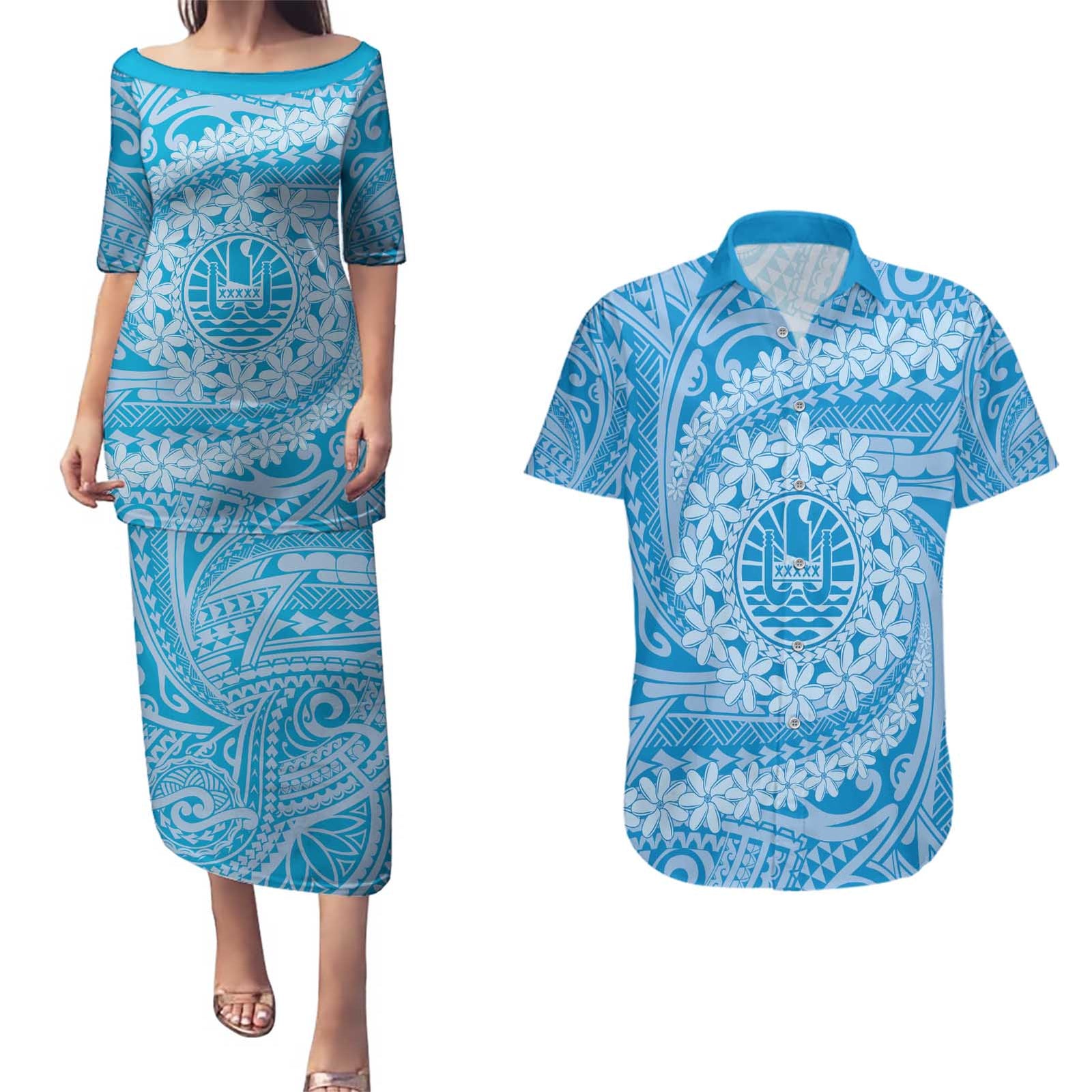 Tahitian Tiare Flower Couples Matching Puletasi and Hawaiian Shirt Blue Polynesian Pattern LT9 Blue - Polynesian Pride