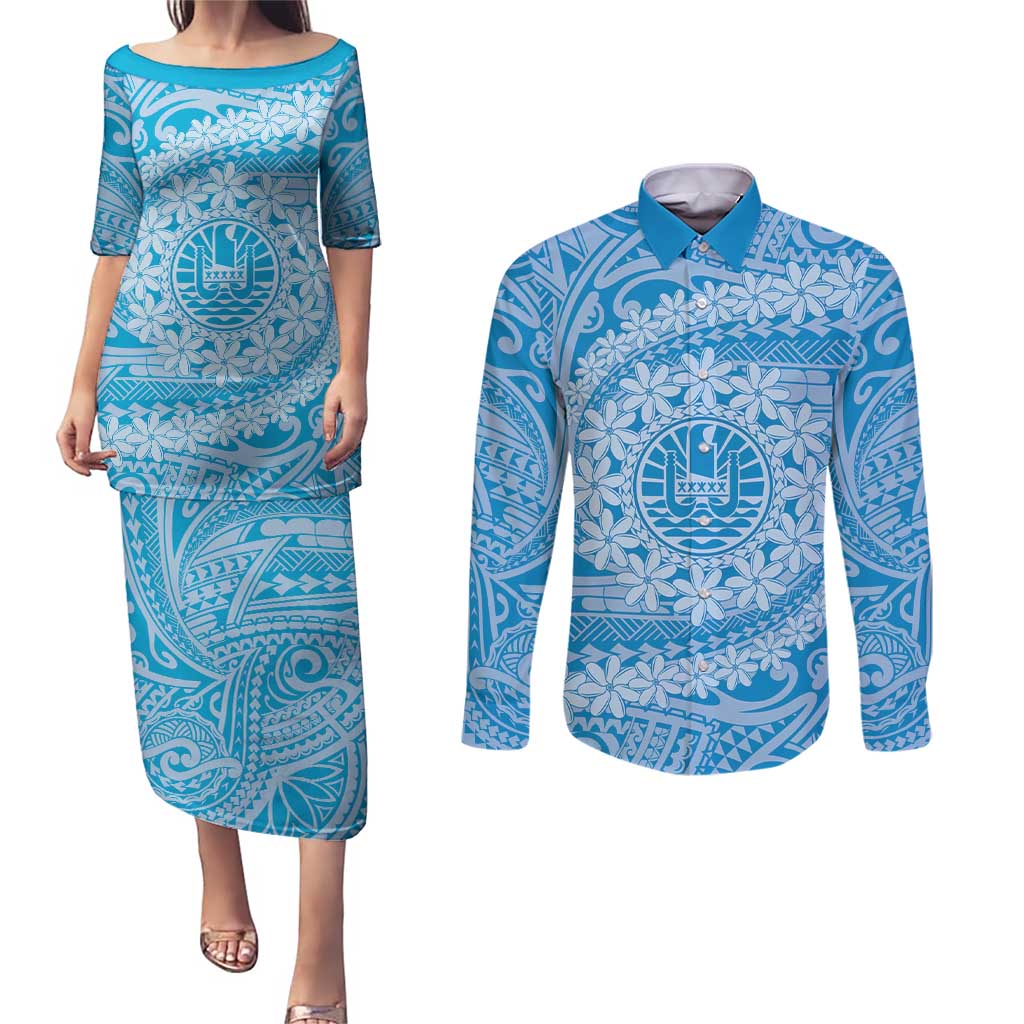 Tahitian Tiare Flower Couples Matching Puletasi and Long Sleeve Button Shirt Blue Polynesian Pattern LT9 Blue - Polynesian Pride