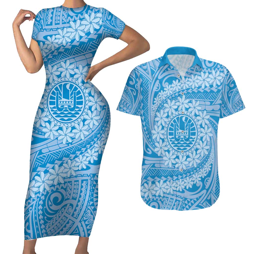 Tahitian Tiare Flower Couples Matching Short Sleeve Bodycon Dress and Hawaiian Shirt Blue Polynesian Pattern LT9 Blue - Polynesian Pride