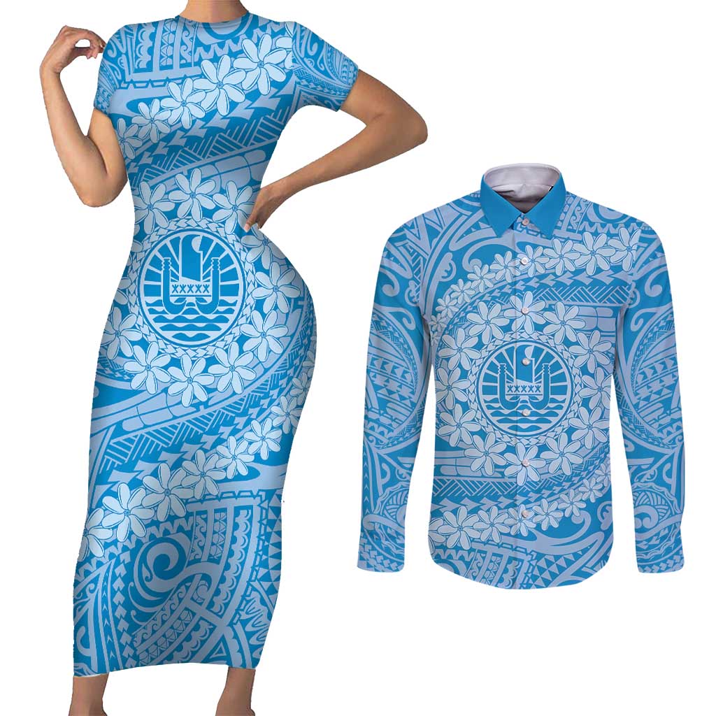 Tahitian Tiare Flower Couples Matching Short Sleeve Bodycon Dress and Long Sleeve Button Shirt Blue Polynesian Pattern LT9 Blue - Polynesian Pride