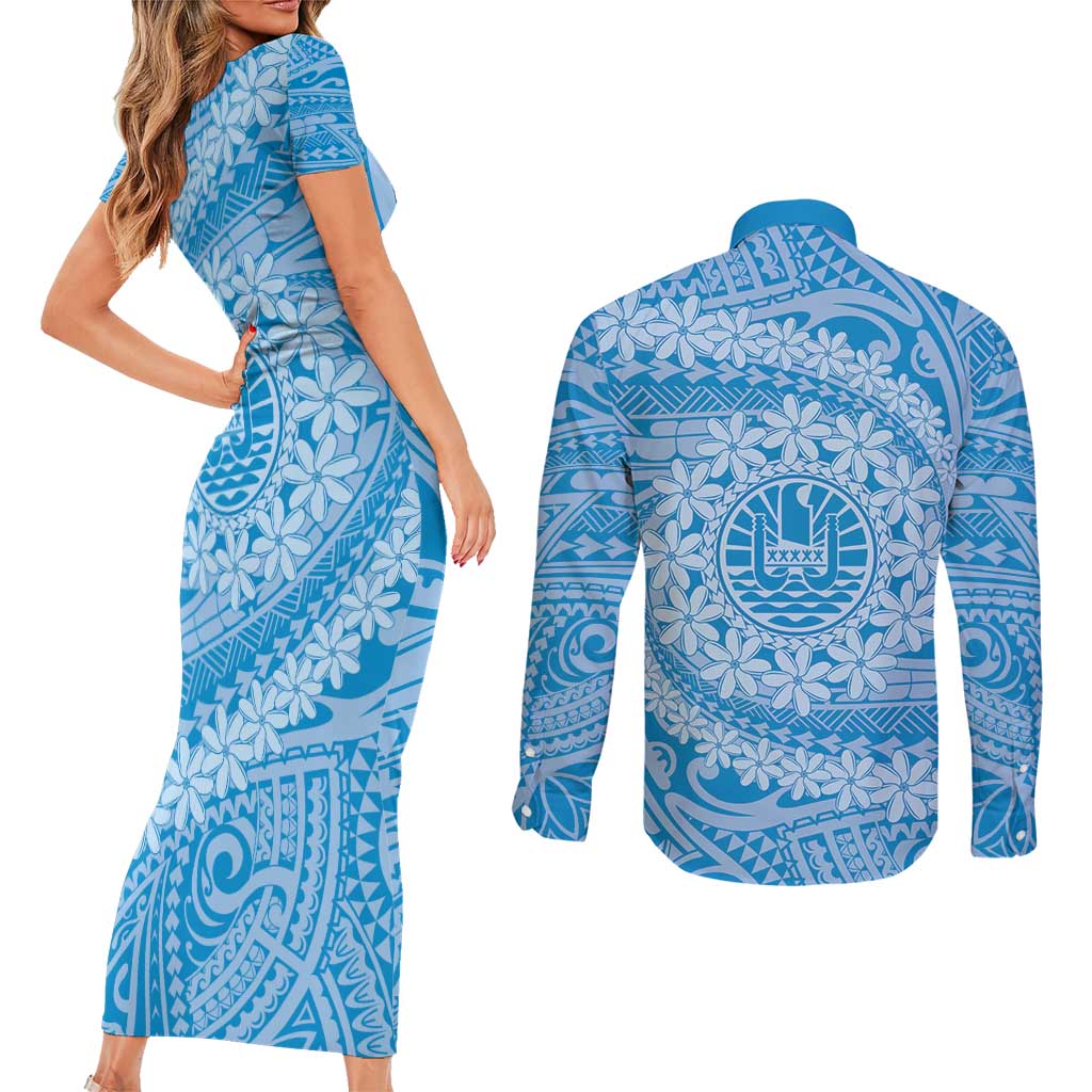 Tahitian Tiare Flower Couples Matching Short Sleeve Bodycon Dress and Long Sleeve Button Shirt Blue Polynesian Pattern