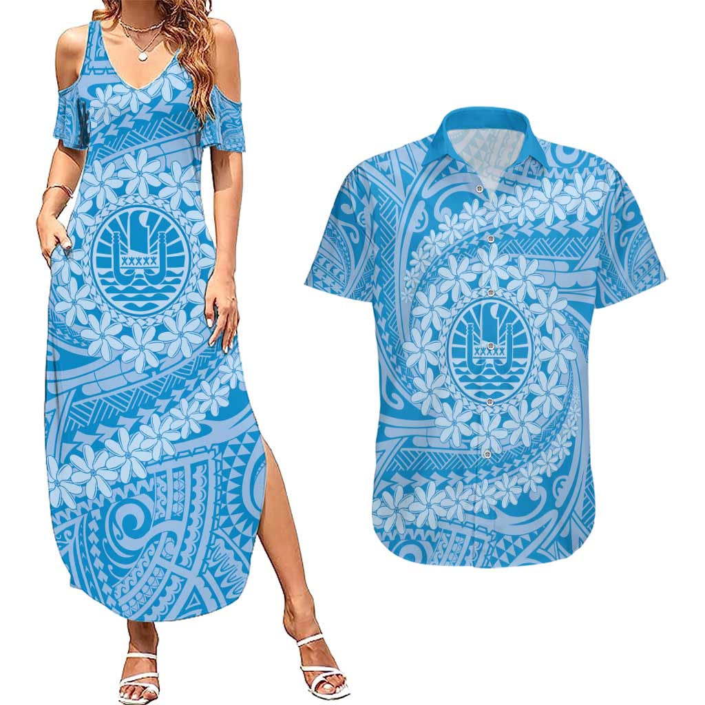 Tahitian Tiare Flower Couples Matching Summer Maxi Dress and Hawaiian Shirt Blue Polynesian Pattern LT9 Blue - Polynesian Pride
