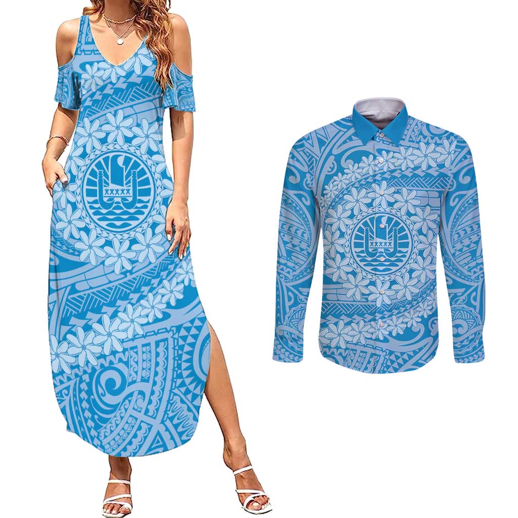 Tahitian Tiare Flower Couples Matching Summer Maxi Dress and Long Sleeve Button Shirt Blue Polynesian Pattern LT9 Blue - Polynesian Pride