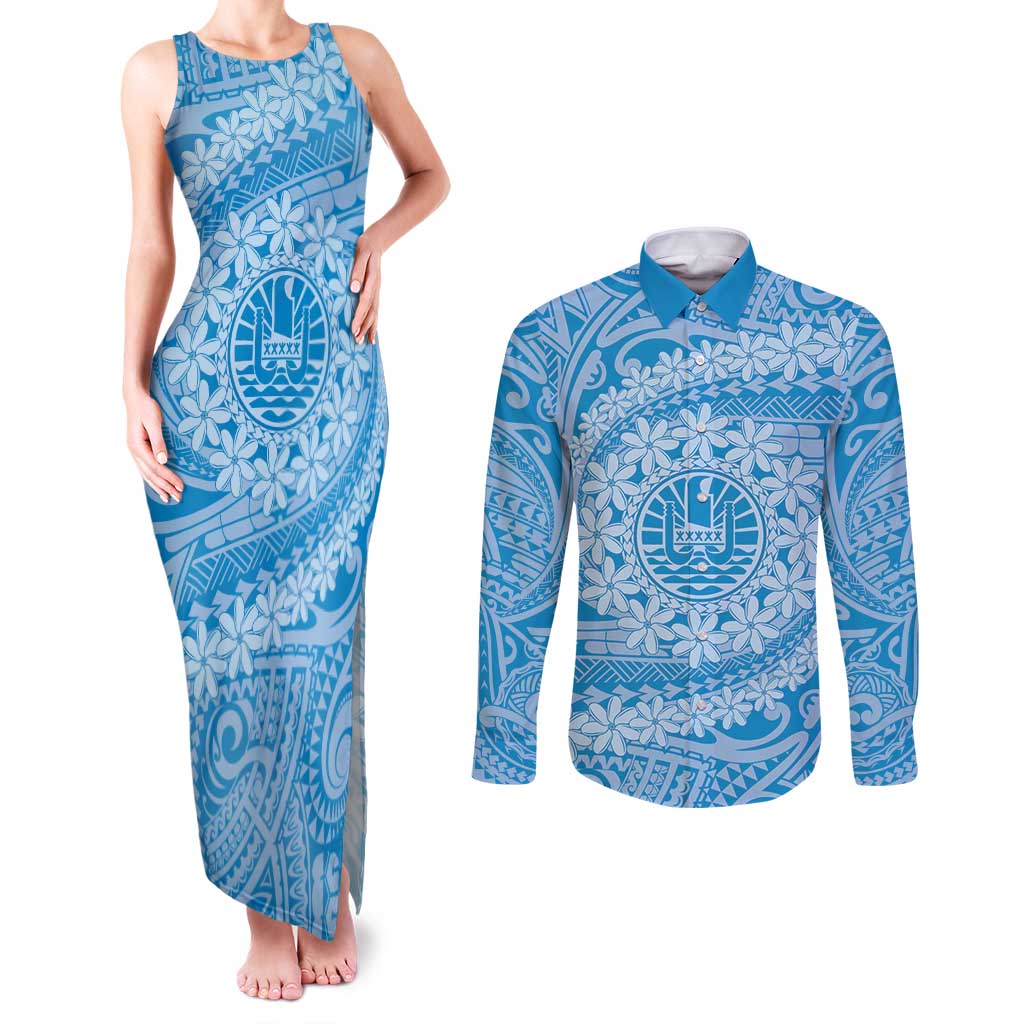 Tahitian Tiare Flower Couples Matching Tank Maxi Dress and Long Sleeve Button Shirt Blue Polynesian Pattern LT9 Blue - Polynesian Pride