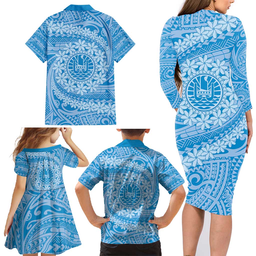 Tahitian Tiare Flower Family Matching Long Sleeve Bodycon Dress and Hawaiian Shirt Blue Polynesian Pattern