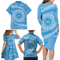 Tahitian Tiare Flower Family Matching Long Sleeve Bodycon Dress and Hawaiian Shirt Blue Polynesian Pattern