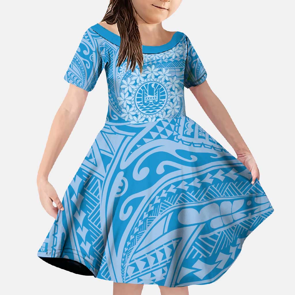 Tahitian Tiare Flower Family Matching Mermaid Dress and Hawaiian Shirt Blue Polynesian Pattern LT9 Daughter's Dress Blue - Polynesian Pride